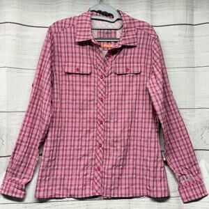 Cabela’s Insect Defense No Fly Zone Shirt Pink Plaid Womens M Fishing Hiking